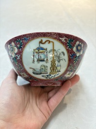 A pair of Chinese famille rose ruby-sgraffito-ground 'antiquities' bowls, Daoguang mark, 19/20th C.