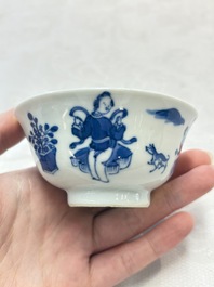 Six Chinese blue and white cups and seven saucers, 18/19th C.