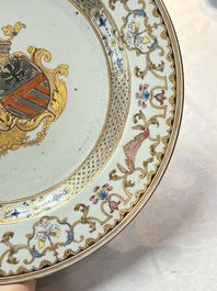 A Chinese famille rose armorial dish with an alliance coat of arms of Frosconi and Proli for the Belgian market, Qianlong, ca. 1739