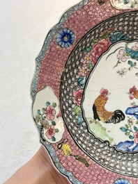 A Chinese famille rose 'roosters' eggshell plate, Yongzheng