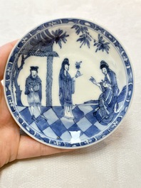 A set of four Chinese blue and white 'Sense of Smell' cups and saucers, artemisia leaf mark, Kangxi