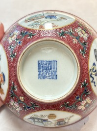 A pair of Chinese famille rose ruby-sgraffito-ground 'antiquities' bowls, Daoguang mark, 19/20th C.