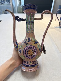 A Chinese Canton enamel blue-ground jug and a rare pink-ground ewer, Qianlong/Jiaqing