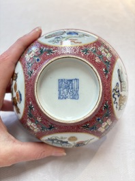 A pair of Chinese famille rose ruby-sgraffito-ground 'antiquities' bowls, Daoguang mark, 19/20th C.