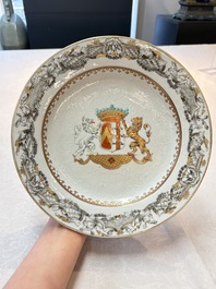 A pair of Chinese bianco sopra bianco armorial dishes with the arms of van Herzeele for the Dutch market, Qianlong, ca. 1740-1745