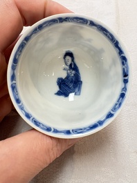 A set of four Chinese blue and white 'Sense of Smell' cups and saucers, artemisia leaf mark, Kangxi