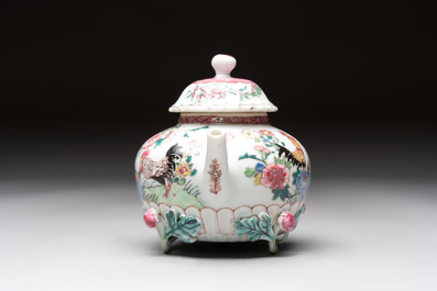 A Chinese famille rose 'roosters' covered teapot and two cups and saucers, Yongzheng