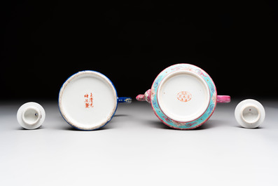 Five Chinese famille rose and qianjiang cai teapots and one wall vase, Qianlong and Guangxu marks, 19/20th C.