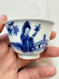 A set of four Chinese blue and white 'Sense of Smell' cups and saucers, artemisia leaf mark, Kangxi
