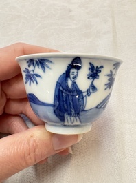 A set of four Chinese blue and white 'Sense of Smell' cups and saucers, artemisia leaf mark, Kangxi