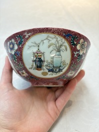 A pair of Chinese famille rose ruby-sgraffito-ground 'antiquities' bowls, Daoguang mark, 19/20th C.