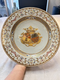 A Chinese famille rose armorial dish with an alliance coat of arms of Frosconi and Proli for the Belgian market, Qianlong, ca. 1739