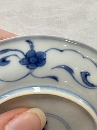 A set of four Chinese blue and white 'Sense of Smell' cups and saucers, artemisia leaf mark, Kangxi