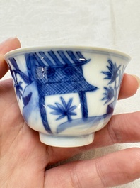 A set of four Chinese blue and white 'Sense of Smell' cups and saucers, artemisia leaf mark, Kangxi