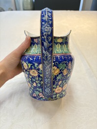 A Chinese Canton enamel blue-ground jug and a rare pink-ground ewer, Qianlong/Jiaqing