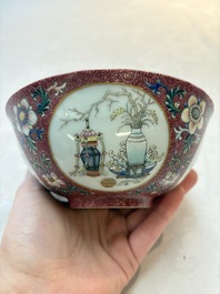 A pair of Chinese famille rose ruby-sgraffito-ground 'antiquities' bowls, Daoguang mark, 19/20th C.