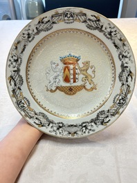 A pair of Chinese bianco sopra bianco armorial dishes with the arms of van Herzeele for the Dutch market, Qianlong, ca. 1740-1745