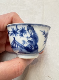 A set of four Chinese blue and white 'Sense of Smell' cups and saucers, artemisia leaf mark, Kangxi