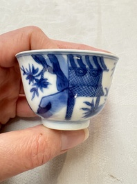 A set of four Chinese blue and white 'Sense of Smell' cups and saucers, artemisia leaf mark, Kangxi