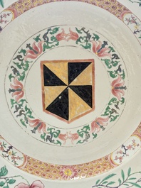 A large Chinese famille rose armorial dish with the arms of Campbell for the English market, Yongzheng/Qianlong