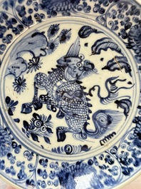 A Chinese blue and white 'qilin' dish, Hongzhi/Zhengde