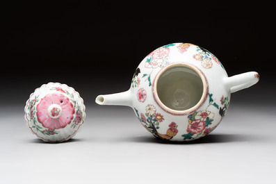 A Chinese famille rose 'roosters' covered teapot and two cups and saucers, Yongzheng
