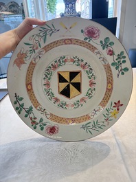 A large Chinese famille rose armorial dish with the arms of Campbell for the English market, Yongzheng/Qianlong