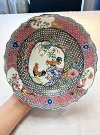 A Chinese famille rose 'roosters' eggshell plate, Yongzheng