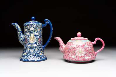 Five Chinese famille rose and qianjiang cai teapots and one wall vase, Qianlong and Guangxu marks, 19/20th C.
