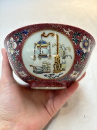 A pair of Chinese famille rose ruby-sgraffito-ground 'antiquities' bowls, Daoguang mark, 19/20th C.