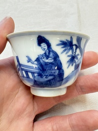 A set of four Chinese blue and white 'Sense of Smell' cups and saucers, artemisia leaf mark, Kangxi