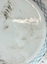 Three Chinese famille rose plates with birds among flowers and a grisaille plate, Yongzheng/Qianlong