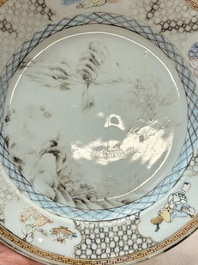 Three Chinese famille rose plates with birds among flowers and a grisaille plate, Yongzheng/Qianlong