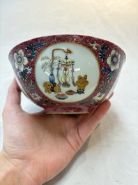 A pair of Chinese famille rose ruby-sgraffito-ground 'antiquities' bowls, Daoguang mark, 19/20th C.