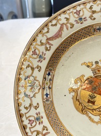 A Chinese famille rose armorial dish with an alliance coat of arms of Frosconi and Proli for the Belgian market, Qianlong, ca. 1739
