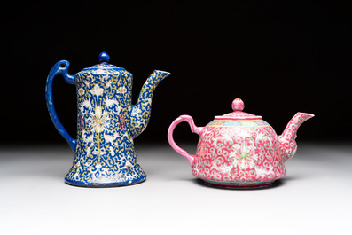 Five Chinese famille rose and qianjiang cai teapots and one wall vase, Qianlong and Guangxu marks, 19/20th C.