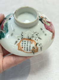 A fine Chinese famille rose 'Wu Shuang Pu' bowl and cover on saucer, 19th C.