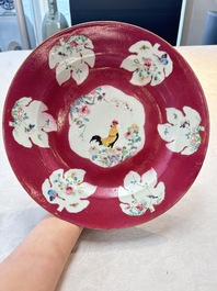 A Chinese famille rose ruby-ground 'rooster' dish, Yongzheng