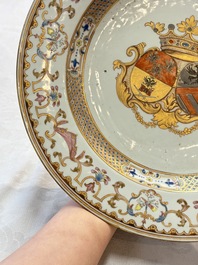 A Chinese famille rose armorial dish with an alliance coat of arms of Frosconi and Proli for the Belgian market, Qianlong, ca. 1739