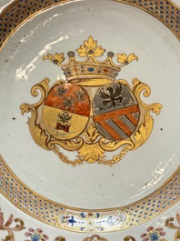 A Chinese famille rose armorial dish with an alliance coat of arms of Frosconi and Proli for the Belgian market, Qianlong, ca. 1739