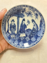 A set of four Chinese blue and white 'Sense of Smell' cups and saucers, artemisia leaf mark, Kangxi