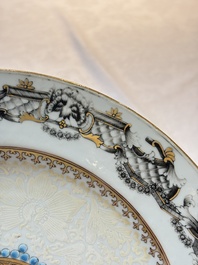 A pair of Chinese bianco sopra bianco armorial dishes with the arms of van Herzeele for the Dutch market, Qianlong, ca. 1740-1745