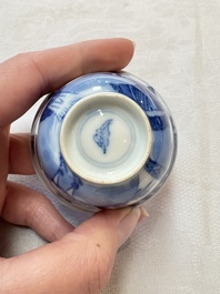 A set of four Chinese blue and white 'Sense of Smell' cups and saucers, artemisia leaf mark, Kangxi