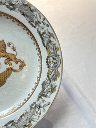 A pair of Chinese bianco sopra bianco armorial dishes with the arms of van Herzeele for the Dutch market, Qianlong, ca. 1740-1745