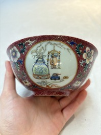 A pair of Chinese famille rose ruby-sgraffito-ground 'antiquities' bowls, Daoguang mark, 19/20th C.