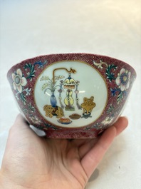 A pair of Chinese famille rose ruby-sgraffito-ground 'antiquities' bowls, Daoguang mark, 19/20th C.