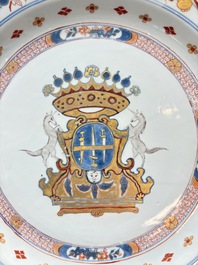 A rare Chinese Imari-style armorial dish with the arms of Ferrand for the French market, Kangxi, ca. 1715