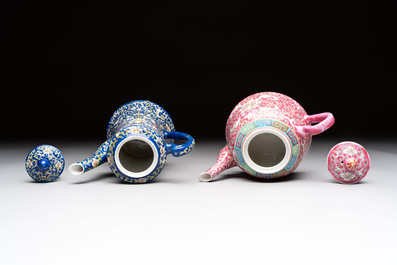 Five Chinese famille rose and qianjiang cai teapots and one wall vase, Qianlong and Guangxu marks, 19/20th C.