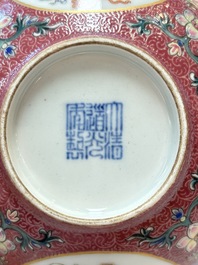 A pair of Chinese famille rose ruby-sgraffito-ground 'antiquities' bowls, Daoguang mark, 19/20th C.