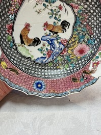 A Chinese famille rose 'roosters' eggshell plate, Yongzheng